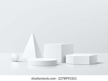 3D realistic cylinder pedestal podium background with geometric object in white empty room. Vector abstract geometric platforms. Wall minimal scene, mockup products stage showcase, Promotion display.