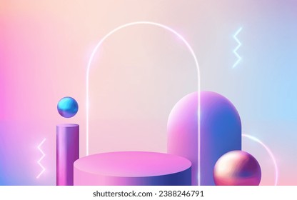 3D realistic cylinder pedestal podium with glowing arch. Purple stage showcase with different geometric shapes and neon light. Empty studio round platform for mockup or product presentation.