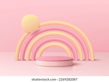 3D realistic cylinder product podium background with pink, yellow balloon semi circle shape. Minimal wall scene mockup product stage showcase, Kid promotion display. Abstract vector geometric forms.