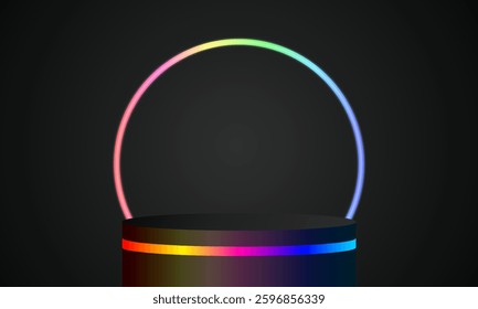 3D realistic cylindrical podium with studio room background, illuminated by glowing neon lines. Vector illustration