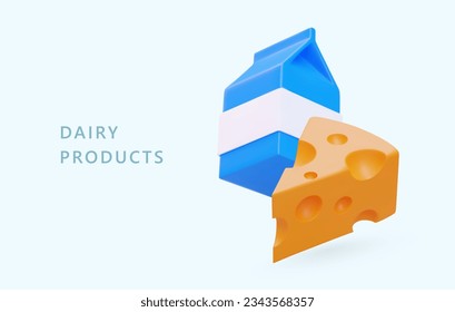 3 quinquies productos lácteos realistas. Envase de cartón y rebanada de queso. El concepto de comida y bebida natural. El concepto de productos lácteos. Ilustración del vector con fondo azul