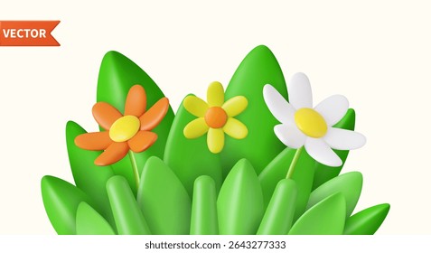 3d realistic daisies, grass and leaves. Happy Mother s Day, Valentine Day concept. Spring decoration. 3d rendering. Vector illustration