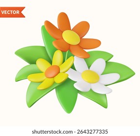 3d realistic daisies, grass and leaves. Happy Mother s Day, Valentine Day concept. Spring decoration. 3d rendering. Vector illustration
