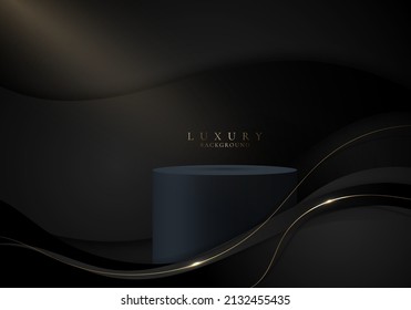 3D realistic dark blue cylinder podium in black curve shape background with golden wave lines and lighting luxury style. You can use for product display, presentation cosmetic, etc. Vector