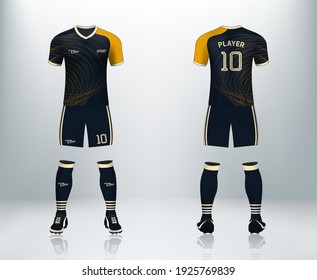 3D realistic of dark blue football apparel with gold strip. Football uniform. Vector illustrative of T shirt design for football team in dark blue color.