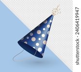 3d realistic dark blue party hat for birthday celebration. Three dimensional isometric birthday cap, festive glossy party cone with polka dot pattern and ribbons, serpentine for carnival, masquerade