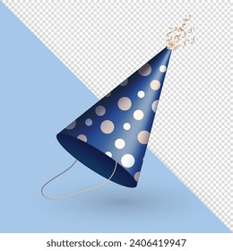 3d realistic dark blue party hat for birthday celebration. Three dimensional isometric birthday cap, festive glossy party cone with polka dot pattern and ribbons, serpentine for carnival, masquerade