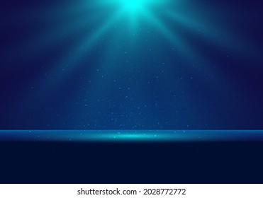 3D realistic dark blue stage with Illuminated lighting and dust scene background for award ceremony, concert, winner place presentation. Vector illustration
