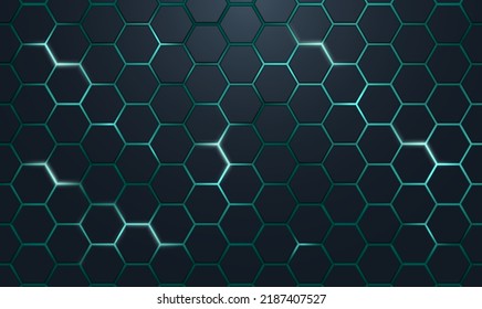 3d realistic dark hexagonal with green neon light for technology futuristic background concept vector