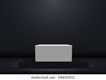 3D realistic dark platform with white empty pedestal for product display showcase or place for presentation. Vector illustration