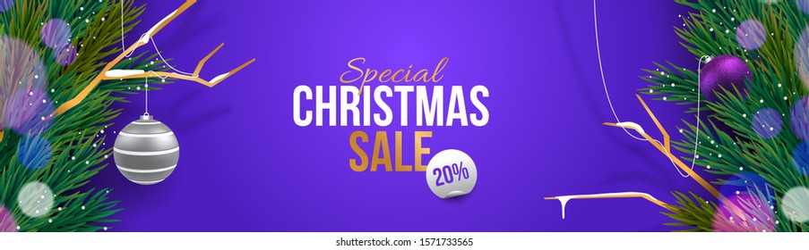 3d realistic decorative christmas theme sale promo horizontal banner frame, header, cover, card , background vector illustration template
