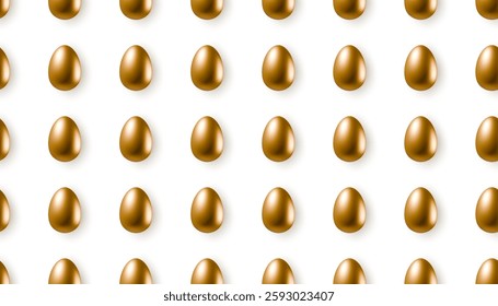 3d realistic decorative golden eggs objects isolated on white background. Seamless pattern for greeting card, web banner, packaging, poster or flyer. Vector gold egg repeating textile design wallpaper