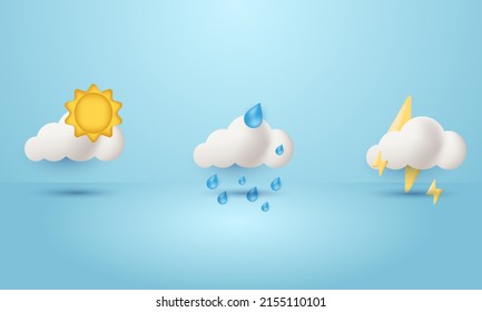 3d realistic design icon cute cloud cartoon style collection set on blue  background.Trendy and modern vector in 3d style.