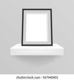 3d realistic design shelf hanging a wall with photo frame vector illustration