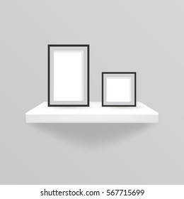 3d realistic design shelf hanging a wall with photo frame vector illustration