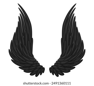 3d realistic detailed black angel wings. Stock vector illustration on isolated background.