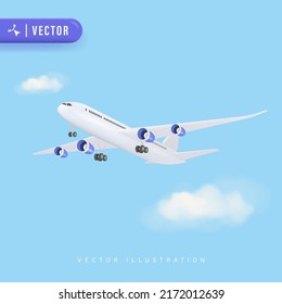 3D Realistic Detailed concept of aircraft Vector Illustration. Flying Airplane for Travelling Design. Commercial Jet Airplane Take Off.