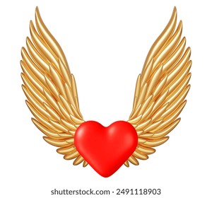 3d realistic detailed golden angel wings and red heart. Stock vector illustration on isolated background.