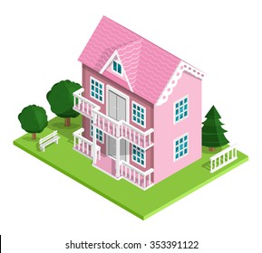 3d realistic detailed isometric pink house icon with trees, bench and fence. Vector illustration isolated on white.