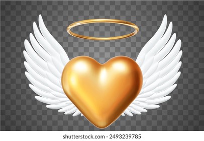 3d realistic detailed white angel wings, gold heart, saint aureole. Stock vector illustration on black isolated background.	  