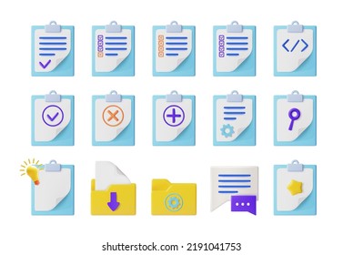3d Realistic Different Clipboard with Check Marks and Business Folder Document File Icons Set Plasticine Cartoon Style. Vector illustration