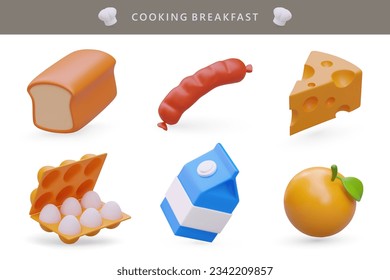 3d realistic different products. Cooking breakfast with meat, cheese and eggs. Healthy breakfast with toast and fruit, balanced food. Vector illustration