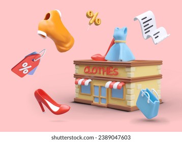 3d realistic different sale objects and clothes store. Concept of shopping for females in market. Purchases, selling, buying shoes and clothes. Vector illustration with pink background