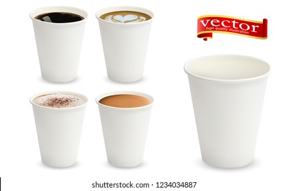 3d realistic different sorts of coffee in white cups view from side. Cappuccino latte americano espresso cocoa in realistic cups. 3d model for cafe menu. White paper cup isolated on white background