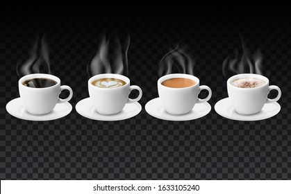 3d realistic different sorts of coffee in white cups view from the top and side. Cappuccino latte americano espresso cocoa in realistic cups. 3d model for cafe menu.