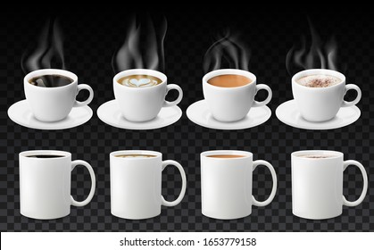 3d diferentes tipos realistas de café en tazas blancas vistas desde la parte superior y lateral. Cappuccino latte americano espresso cacao en tazas realistas. 3d modelo para el menú café