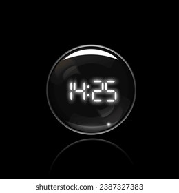 3D realistic digital watch, round with a chrome bezel. Vector illustration on black background