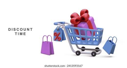 3d realistic discount banner store, cart, gifts, market bags in style. Vector illustration.