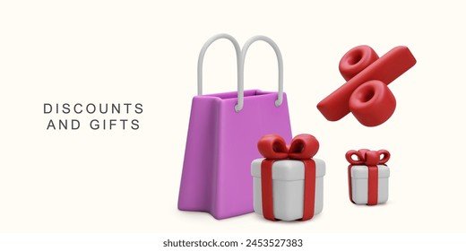 3d realistic  Discounts and gifts on white background. Vector illustration.