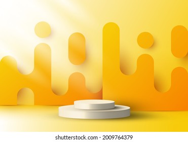 3D-realistische Display-Plattform mit gelben abgerundeten Linien Hintergrund-Grafik und Beleuchtung. Sie können Kosmetikprodukte zeigen, Bühnenvorführungen auf dem Sofa-Studio-Raum. Vektorgrafik