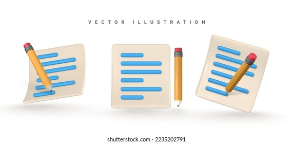 3d realistic document with pencil. Paper sheet. Business icon. Vector illustration.