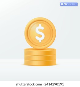 3d realistic dollar gold coin icon symbol. Money cash, currency sign, investment,  profit or gain, treasure, finance or casino concept. 3D vector isolated illustration, Cartoon pastel Minimal style.