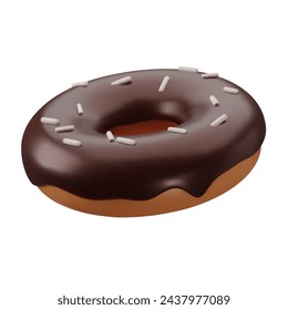 3d realistic donut with chocolate glaze and sprinkles. Glossy plastic three dimentional cute food icon. Render sweet food design. Vector illustration isolated on white background