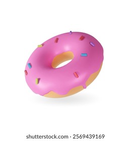 3d realistic donut with pink icing and colorful sprinkles icon isolated on white background. Glazed donut Vector