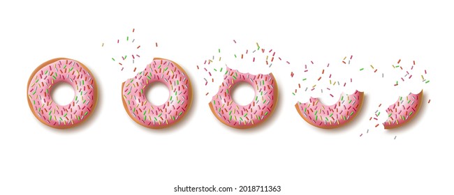 3D Realistic Donut With Sprinkles Eating Isolated On White Background. EPS10 Vector