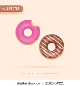 3D Realistic Donut with Strawberry and Chocolate Glaze Vector Illustration. View from above