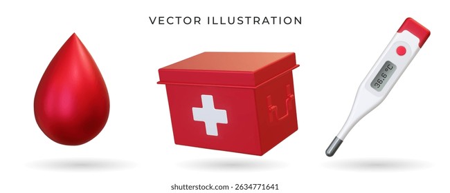 3d Realistic drops of blood, first aid kit box, electronic medical thermometer for measuring isolated on white background. Vector. Advertising for hospital or pharmaceutical company. Sign for pharmacy