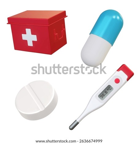 3d Realistic drops of blood, first aid kit box, electronic medical thermometer for measuring isolated on white background. Vector. Advertising for hospital or pharmaceutical company. Sign for pharmacy