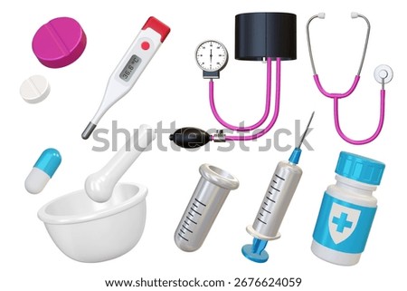 3d Realistic drops of blood, stethoscope, tonometer ,medical thermometer for measuring, syringe, test tube, pill tablet isolated on white background. Vector. Advertising for hospital or pharmaceutical