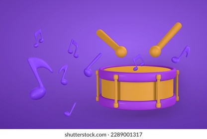 3d realistic drum for music concept design in plastic cartoon style. Vector illustration.