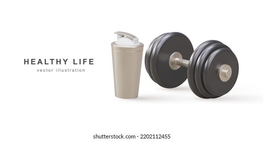 3d realistic dumbbell and shaker - healthy life concept. Vector illustration.