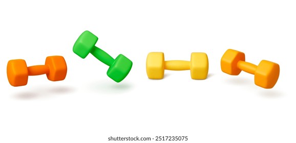 3d realistic dumbbells. Realistic vibrant dumbbell various rotate. Isolated fitness gym athletics equipment, sport workout tool, pithy vector set