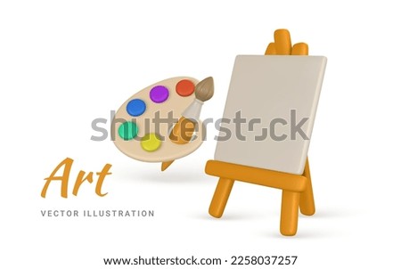 3d realistic easel and brush with paints in cartoon style. Art concept. Vector illustration.