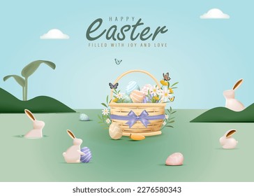 3D Realistic Easter Poster Design with Colorful Eggs and Rabbit Vector Illustration