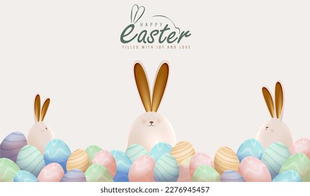 3D Realistic Easter Poster Design with Colorful Eggs and Rabbit Vector Illustration