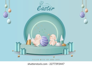 3D Realistic Easter Poster Design with Colorful Eggs and Rabbit Vector Illustration